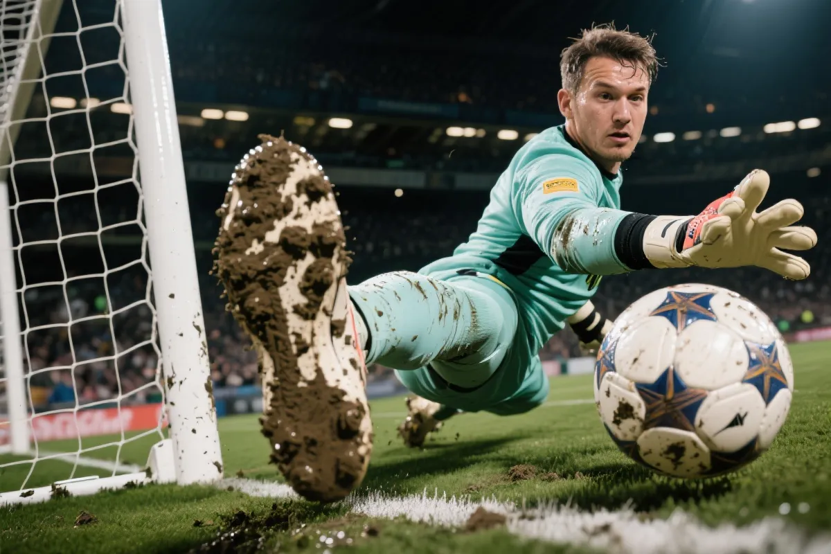 门将飞身扑救的慢动作特写，汗水与球鞋泥点细节