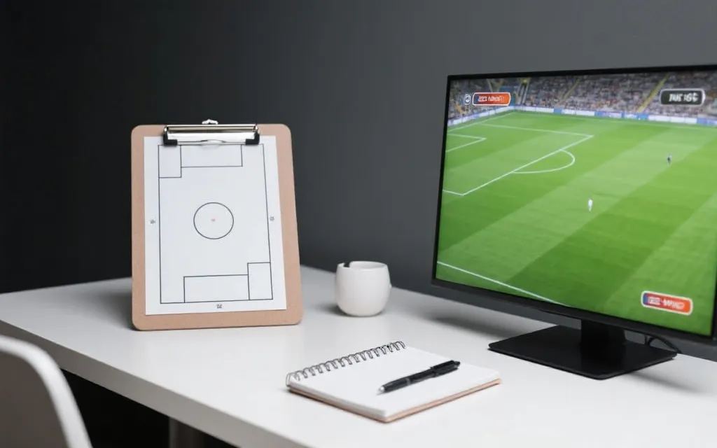 理性观赛笔记：桌面上有战术板、记事本与比赛直播画面，冷静分析的氛围