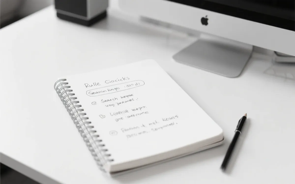 笔记本上记录出线规则要点与关键词搜索示例的网页阅读场景